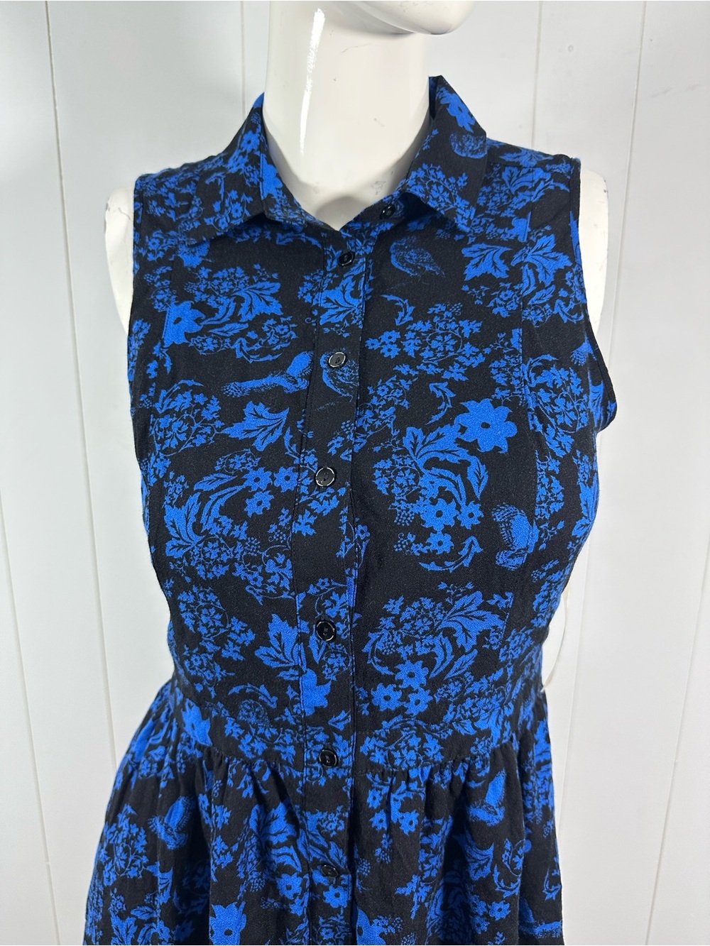 NEW GH BASS Size S Sleeveless Blue Black Floral Lined Dress Button Front Mini - Picture 2 of 11